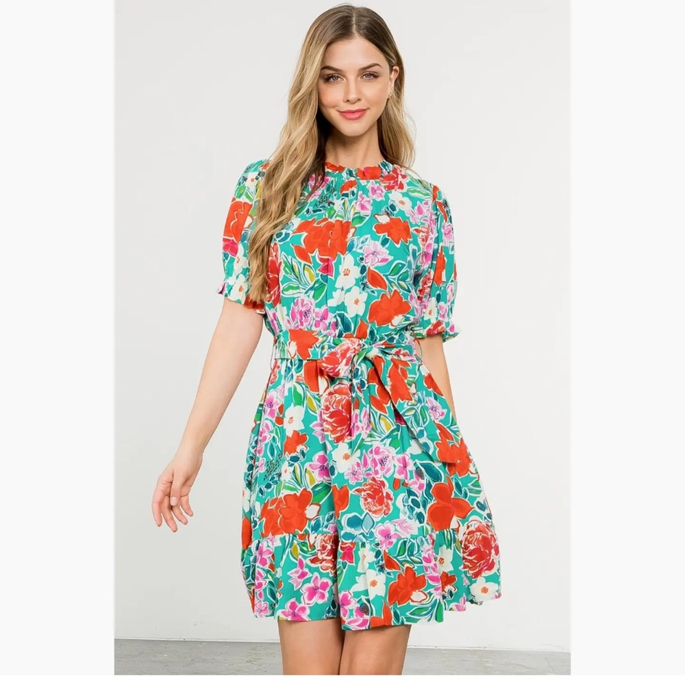 THML Women's Floral Mini Dress - Red and Green